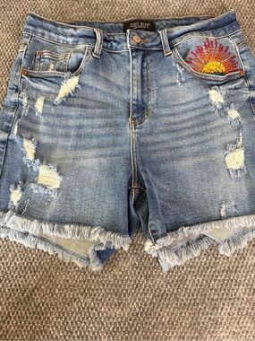 Judy Blue Light Blue Distressed Denim Shorts with Sun Embroidery